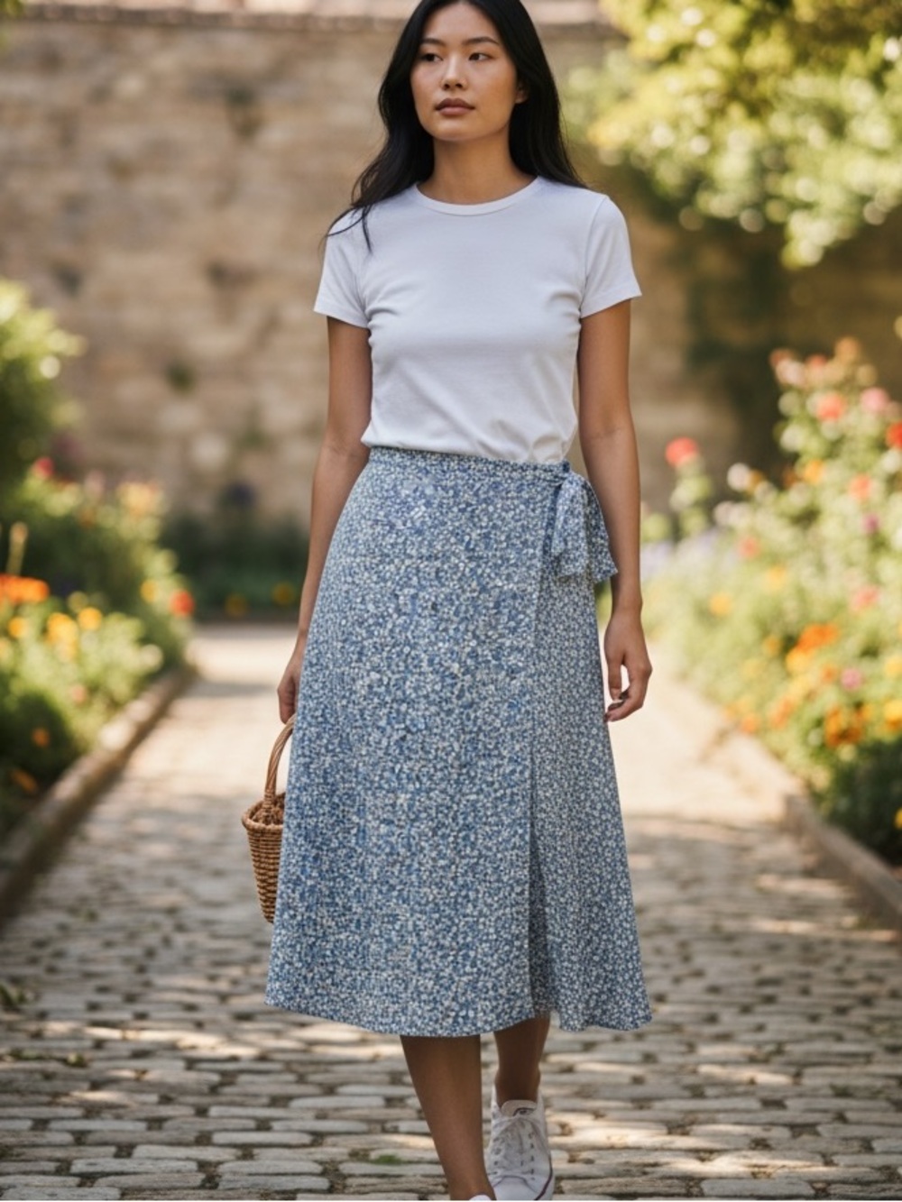 Urban Romantics (L) Tie Waist Cottagecore Wrap Skirt Boho Patterned Blue Midi - Picture 14 of 14